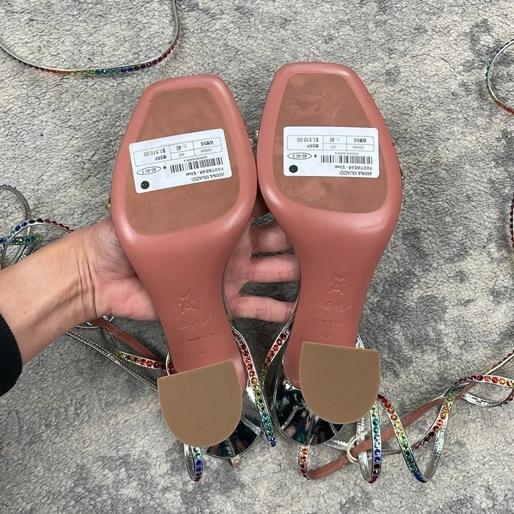 New Amina Muaddi x AWGE Rainbow Crystal LSD Wrap Around Gladiator Sandals Heels